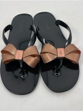 Ted Baker London Black Jelly Sandals with Brown Bow